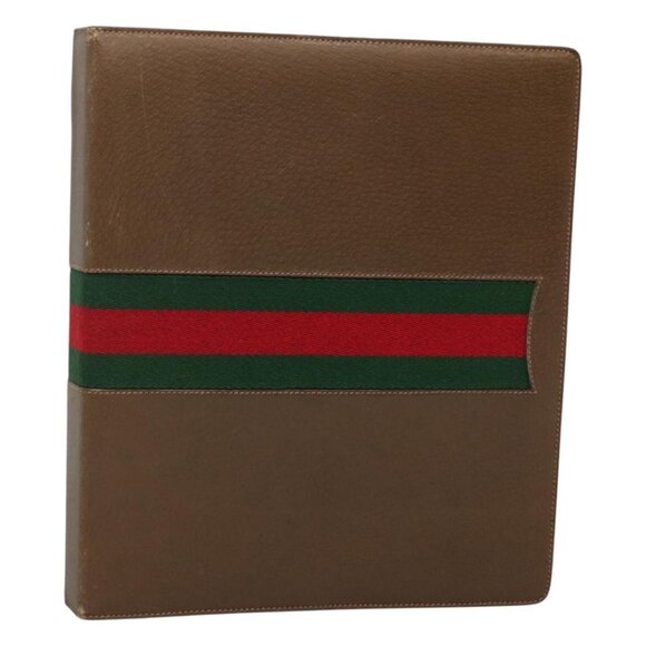 GUCCI Web Sherry Line Day Planner Cover Leather Red Brown Green Auth - Picture 2 of 16